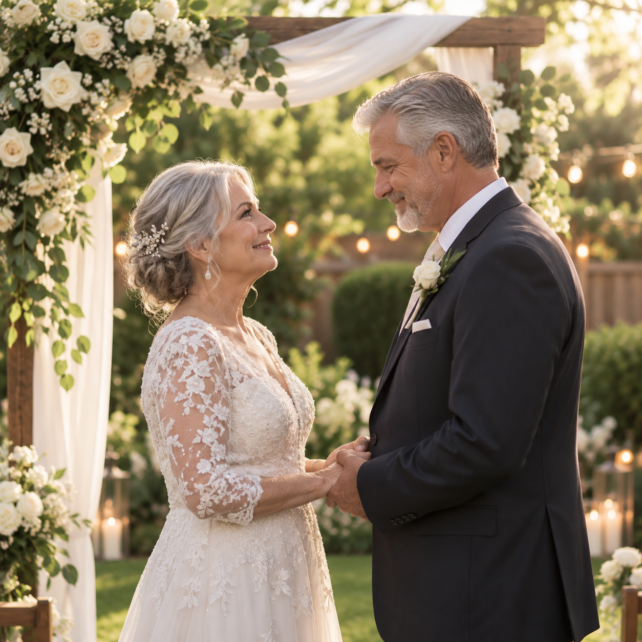 Older couple renewing their vows in an intimate backyard wedding setting