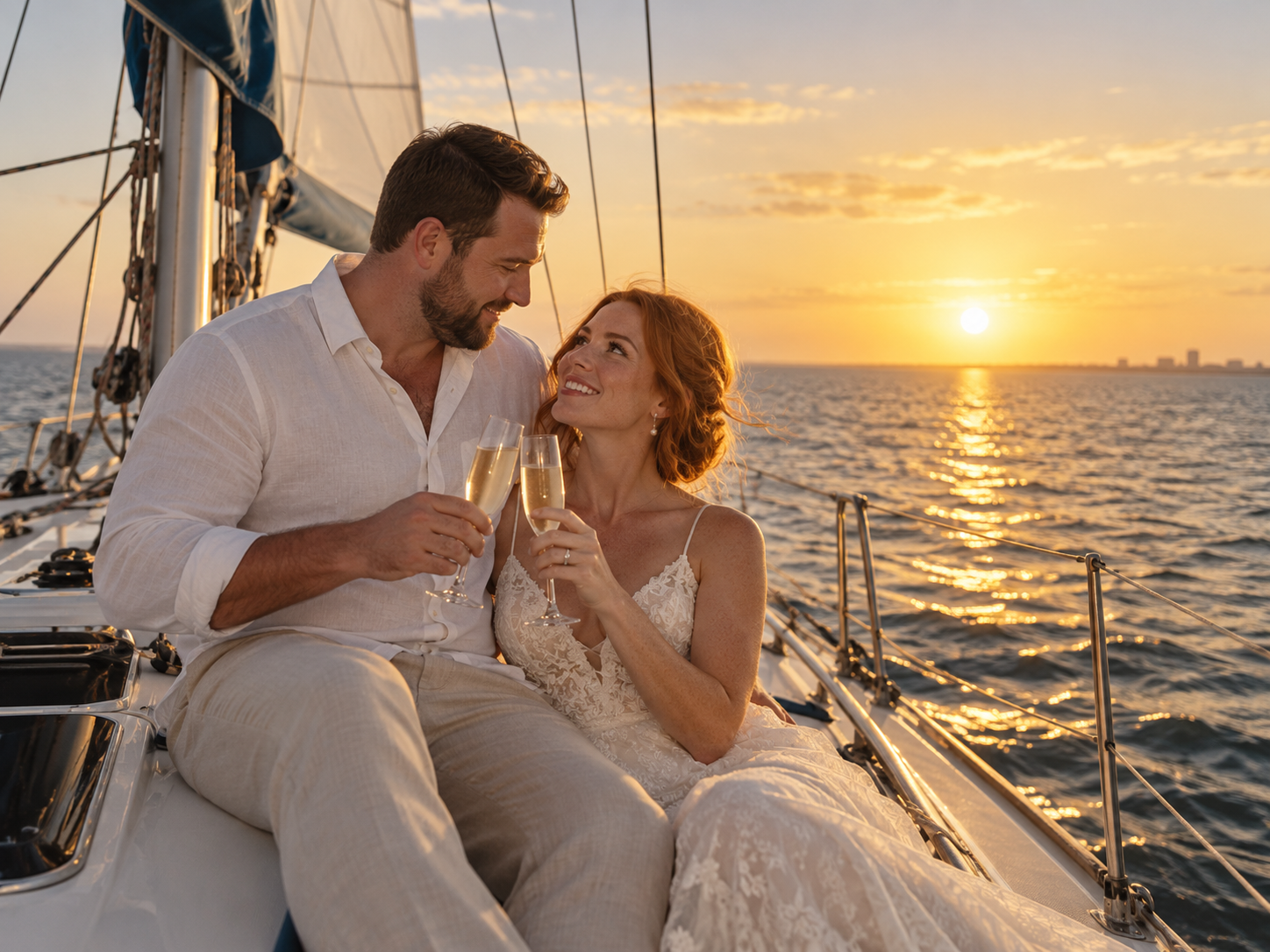 Redheaded bride and tall stocky groom celebrating on a sailboat at sunset
