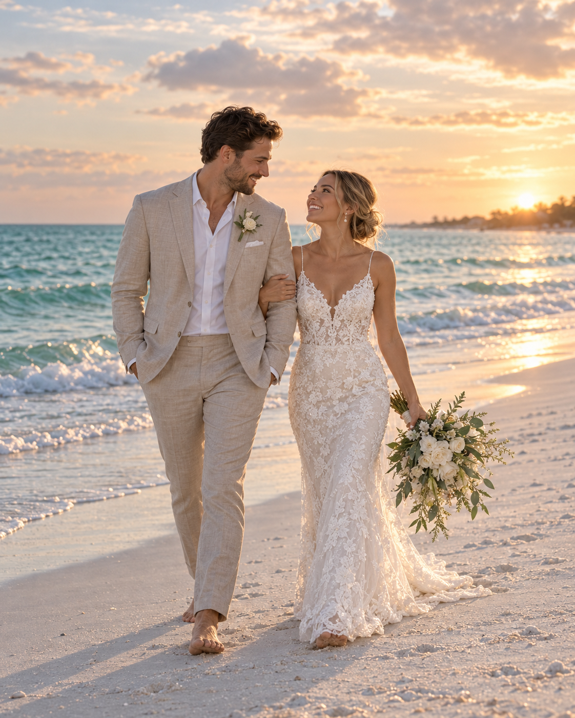 Bride and groom walking on Anna Maria Island beach at sunset